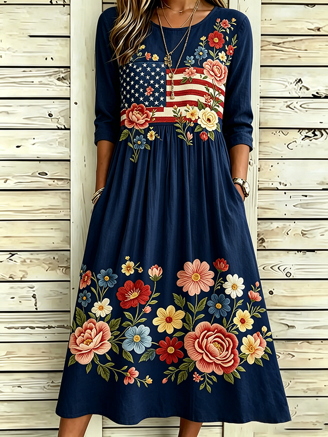 Women'S Flag Floral Printed Casual Dress
