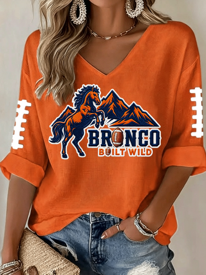 Women'S Rugby Patterned Waffle V-Neck Top