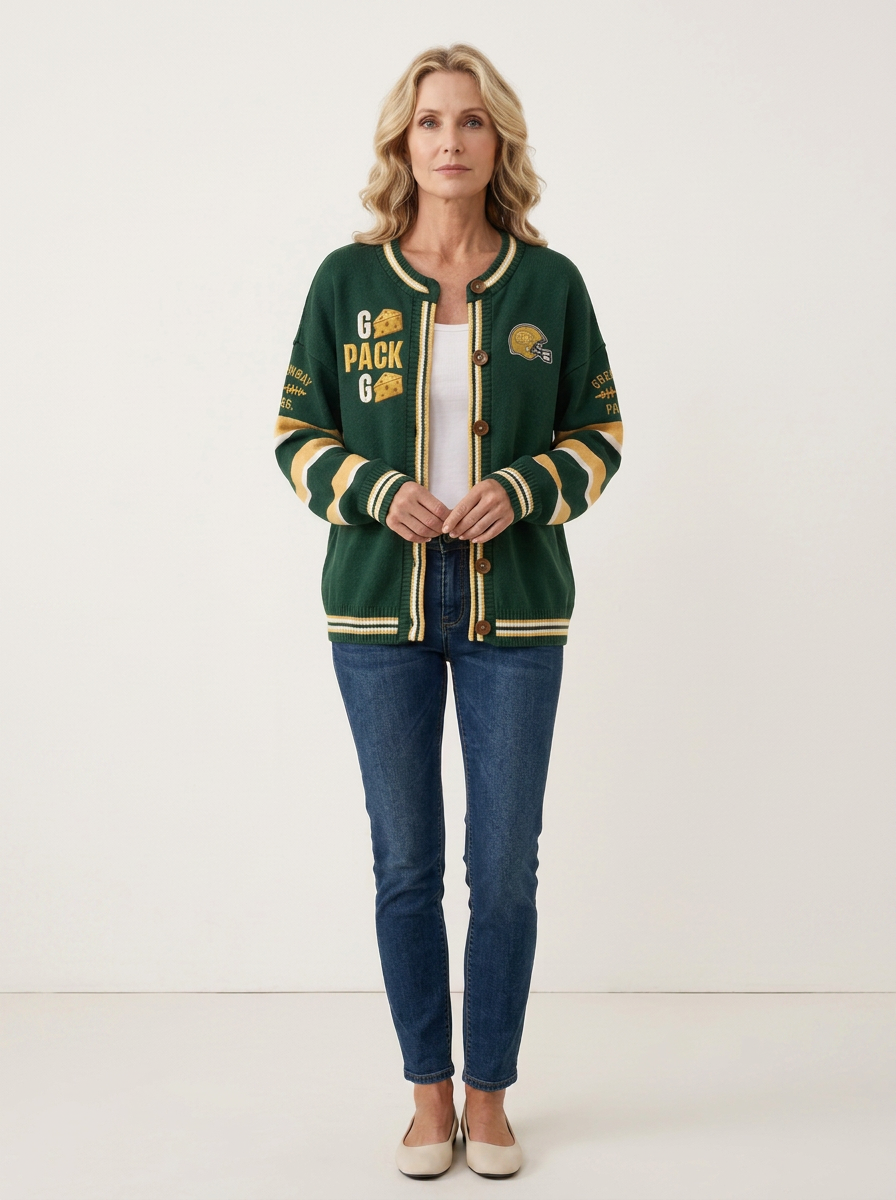 Women's Green Bay Packers Cheesehead Helmet Printed Cardigan