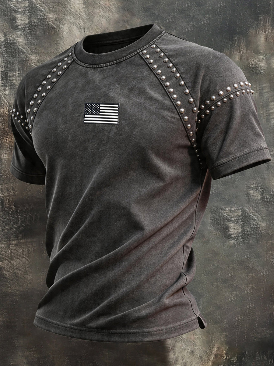 Men's Vintage Patriotic Distressed & Washed Short-Sleeve T-Shirt with Rivets
