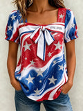 Women's Patriotic Commemorative Art Design Square Neck Elegant Short Sleeve T-Shirt