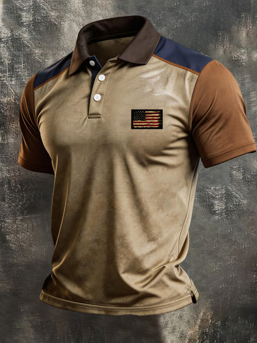 Men's Retro Patriot Color Block Polo Collar Short Sleeve