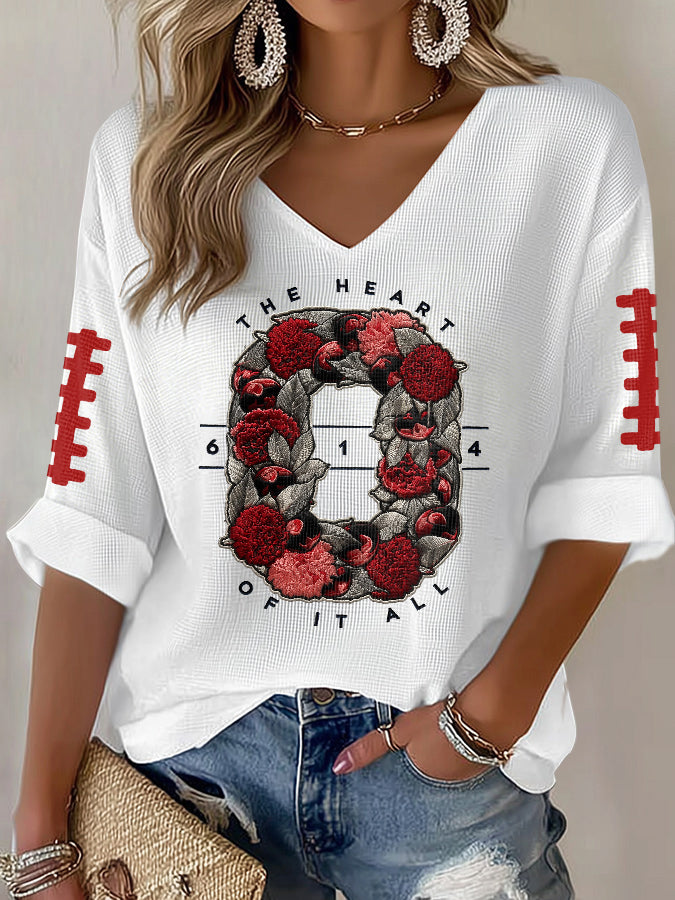 Women'S Rugby Patterned Waffle V-Neck Top