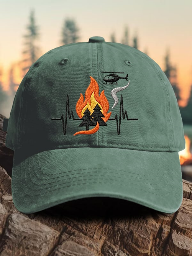 Retro Wildland Firefighter Heartbeat Fireline Flame & Helicopter Print Baseball Cap