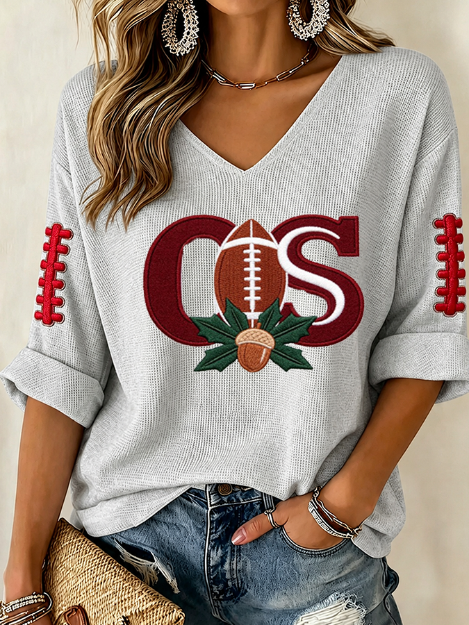 Women'S College Rugby Printed Waffle V-Neck Top