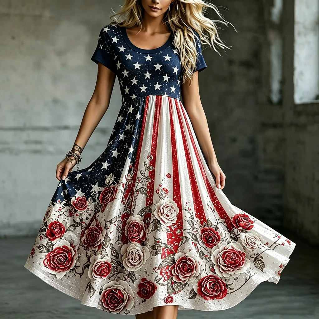 Women's Flag Floral Print Round Neck Dress