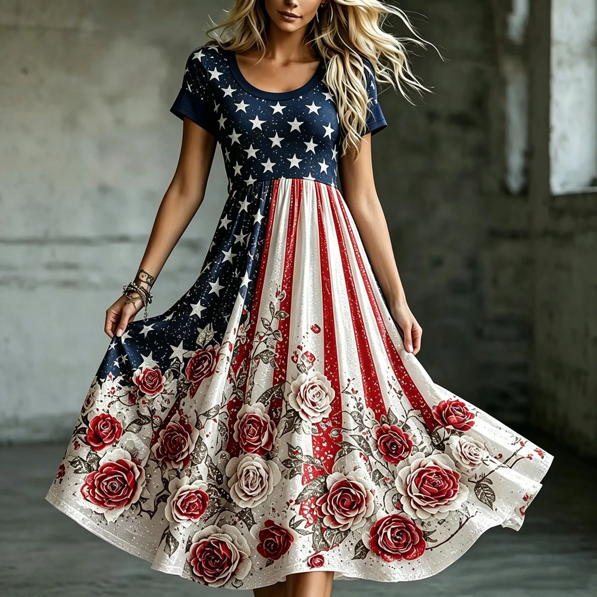 Women's Flag Floral Print Round Neck Dress