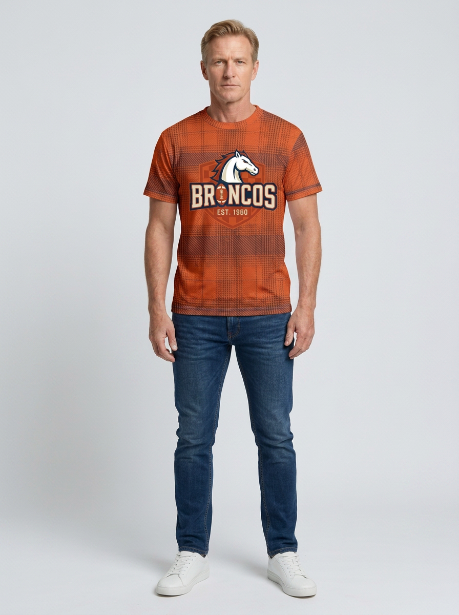 Unisex Denver Broncos Plaid Logo Printed T-shirt