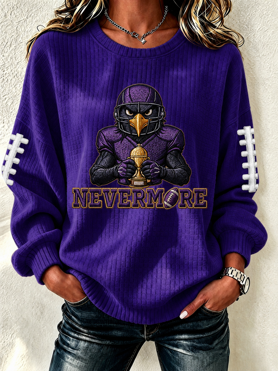 Women'S Football Fan Waffle Long Sleeved Round Neck Sweatshirt