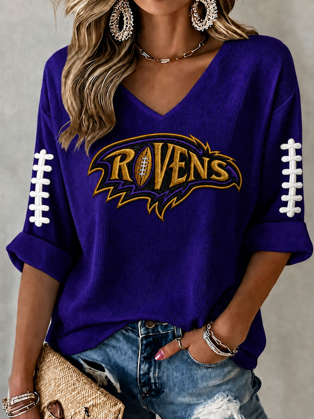 Women'S Football Print Waffle  Top