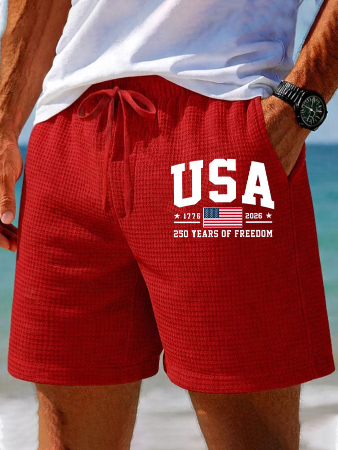 Men'S American Flag Printed Waffle Casual Shorts