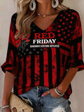 Women'S Red Friday Printed Three-Quarter Sleeve V-Neck Top