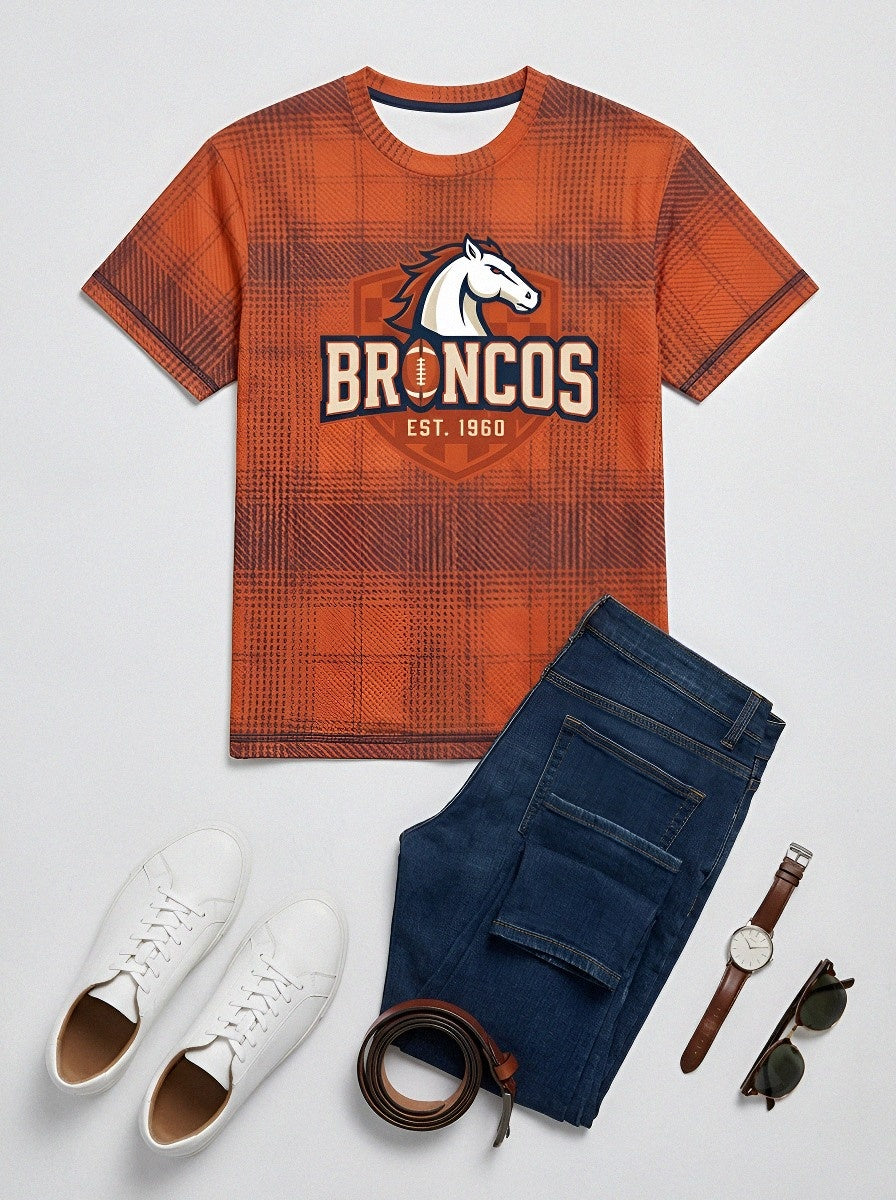 Unisex Denver Broncos Plaid Logo Printed T-shirt