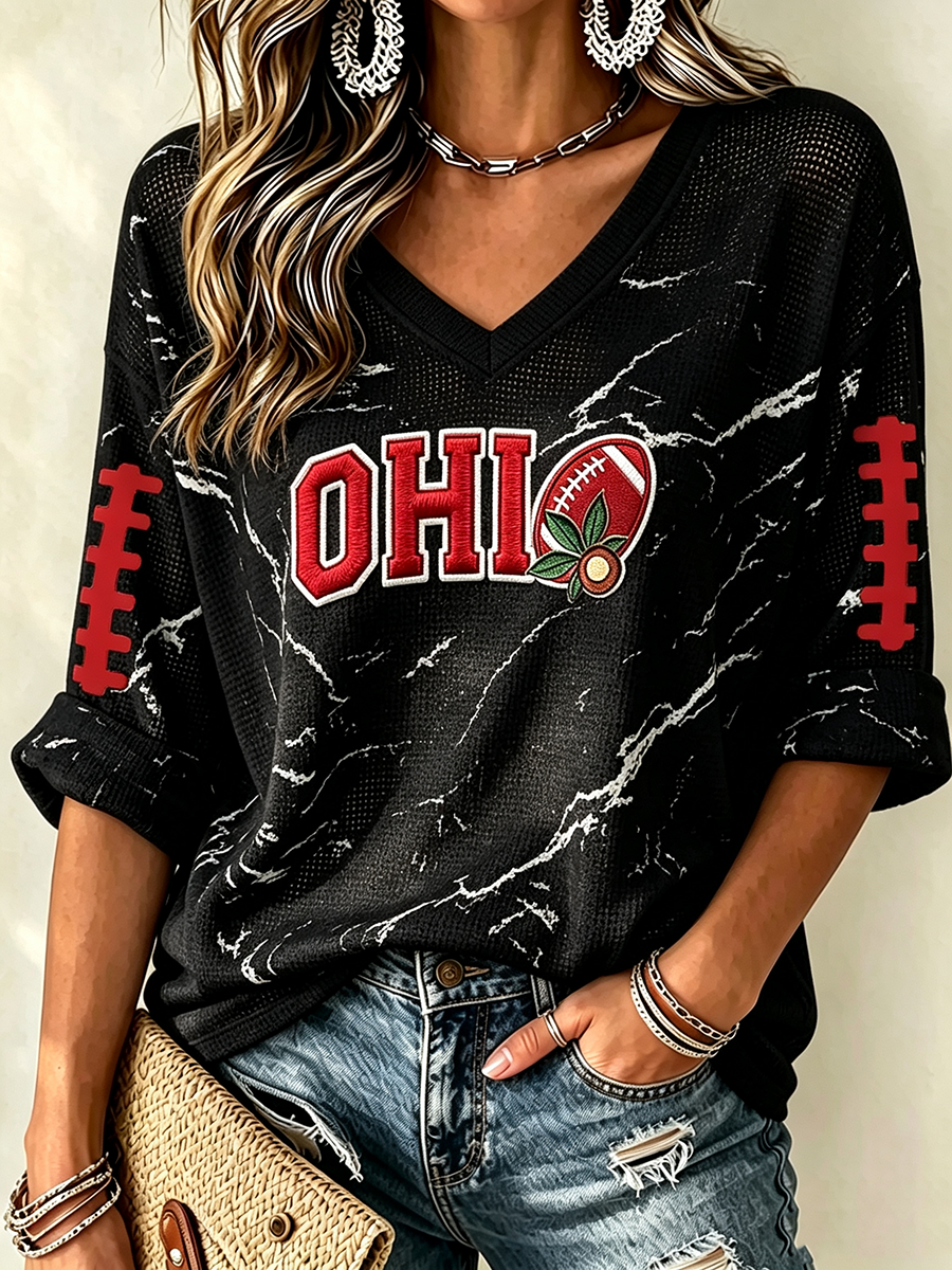 Women'S Football Print Waffle V-Neck Top
