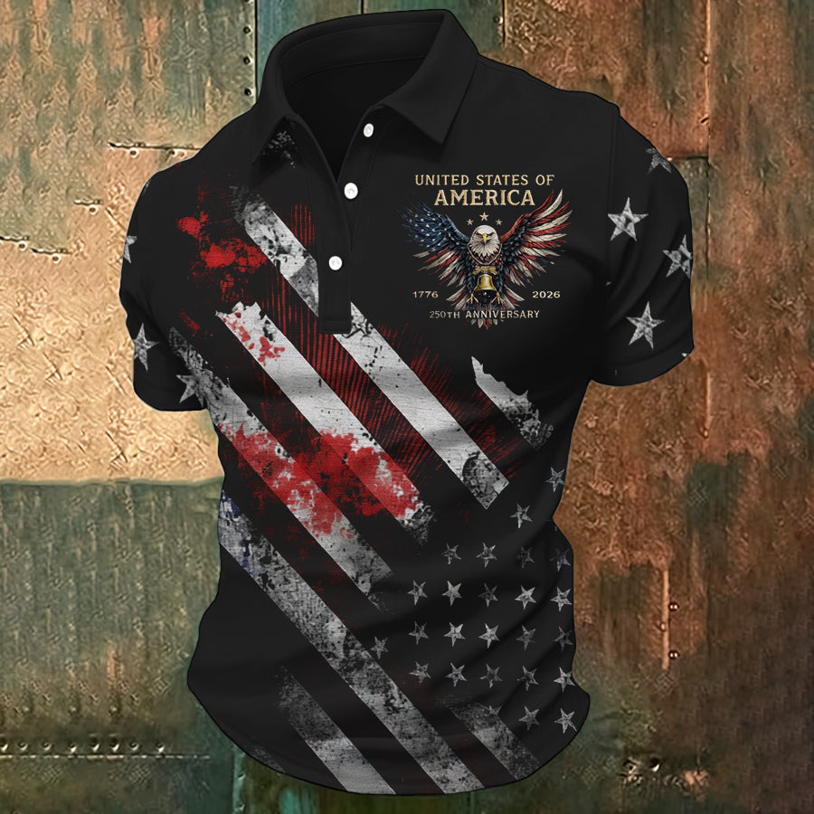 Men'S Retro American Patriots Independence Day 250Th Anniversary Commemorative Lapel Short Sleeved Shirt