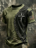 Men'S Casual Washed Vintage American Cross Patchwork Personalized Printed Round Neck Top