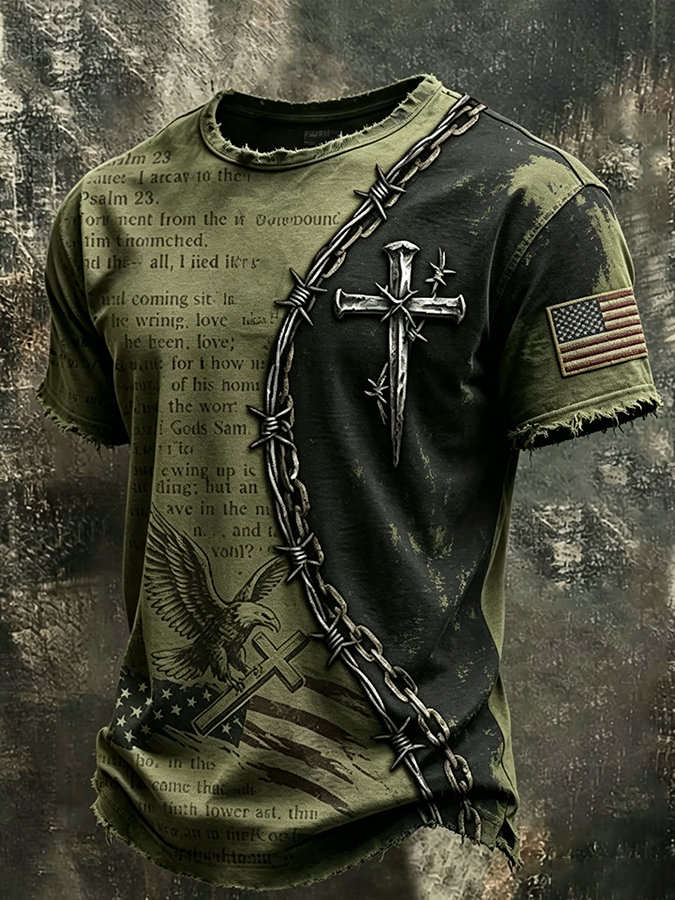 Men'S Casual Washed Vintage American Cross Patchwork Personalized Printed Round Neck Top