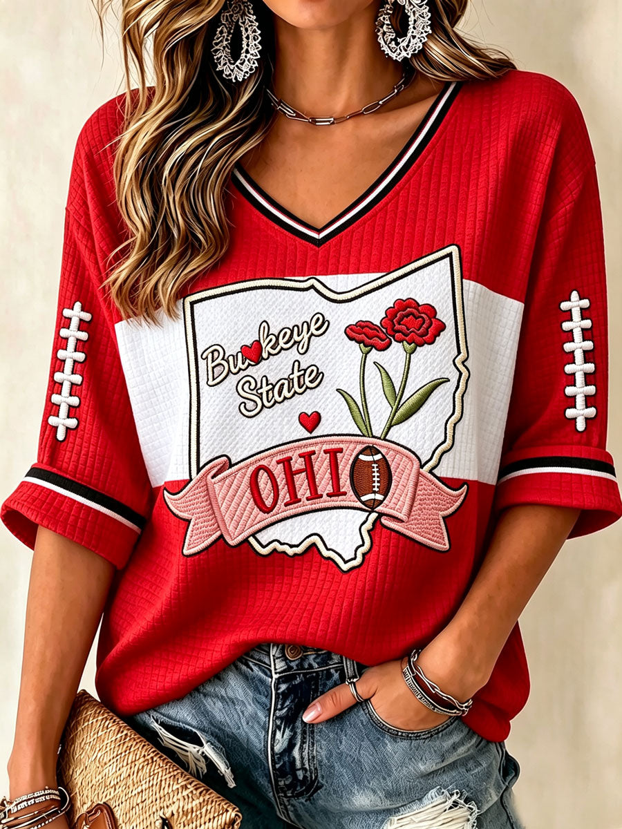 Women'S College Rugby Printed Waffle V-Neck Top
