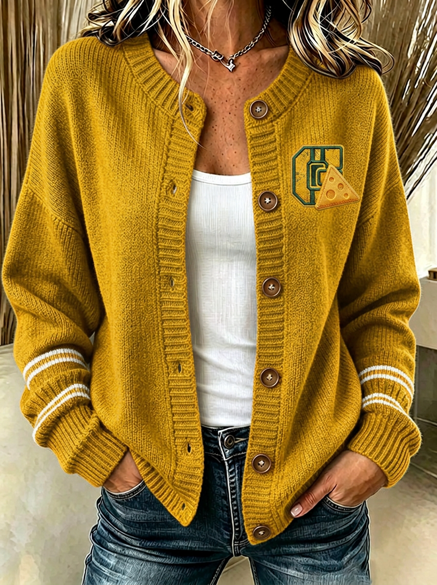 Women's Green Bay Packers Cheesehead Logo Embroidered Cardigan
