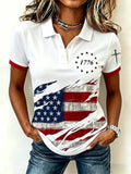 Women's Vintage American Flag Print Casual Polo Shirt
