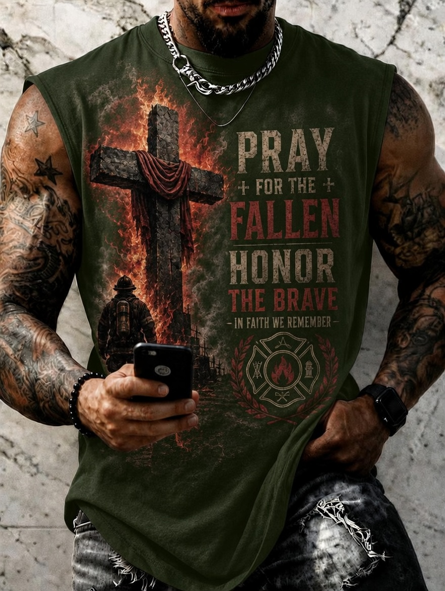 Men's Fire Cross Firefighter Honor The Brave Print Tank Top
