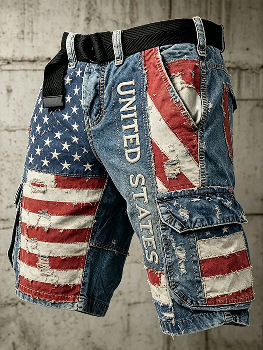 Men's United States Flag Art Print Denim-Like Casual Shorts
