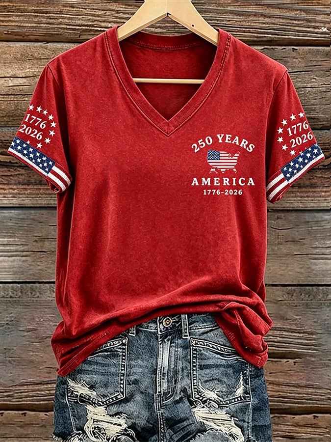 Women's 250 Years Of Freedom Print V Neck T-shirt