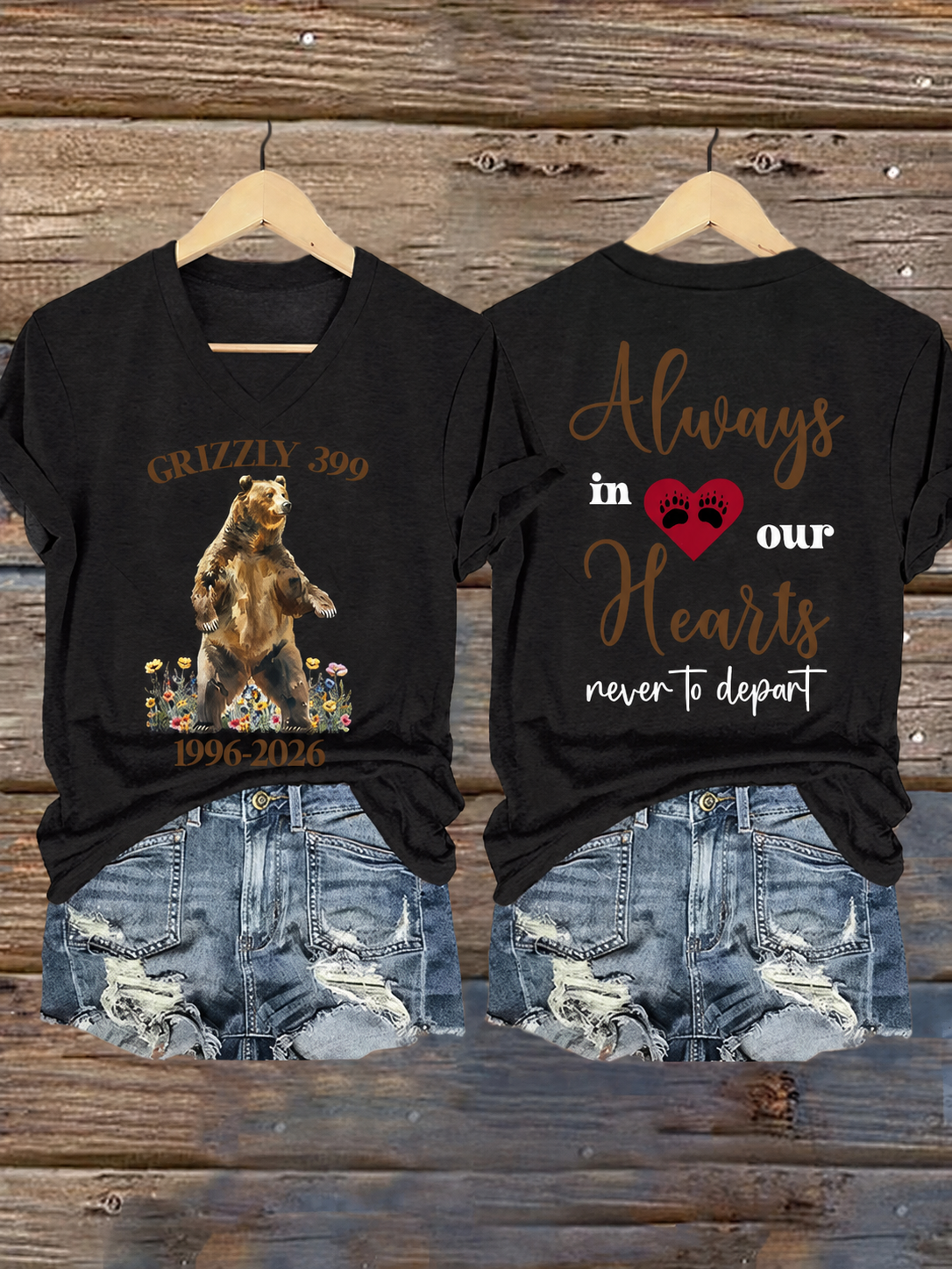 V-Neck Retro Grizzly 399 1996-2024 Always In Our Hearts Never To Depart Print T-Shirt