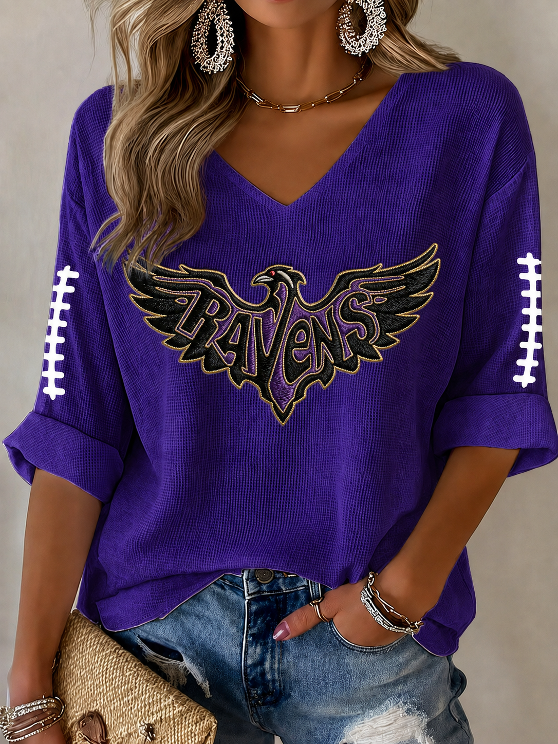 Women'S Football Print Waffle  Top