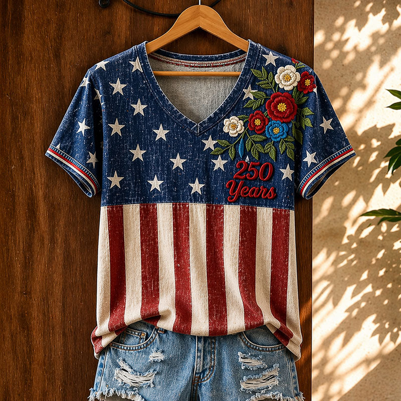 Women's USA 250th Anniversary Star & Stripes Floral Print V-neck T-Shirt
