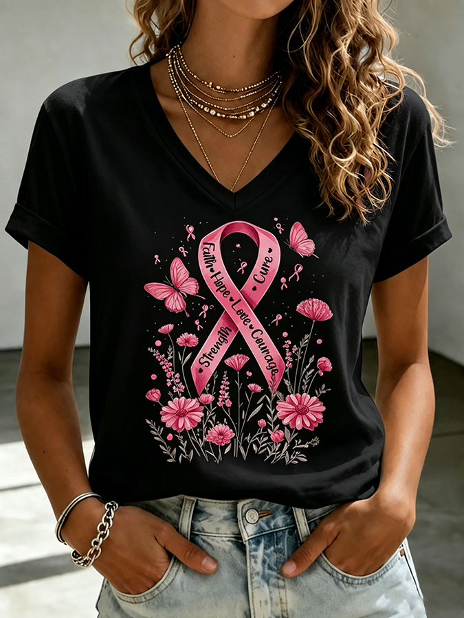Women'S Breast Cancer Awareness  Printed Casual T-Shirt
