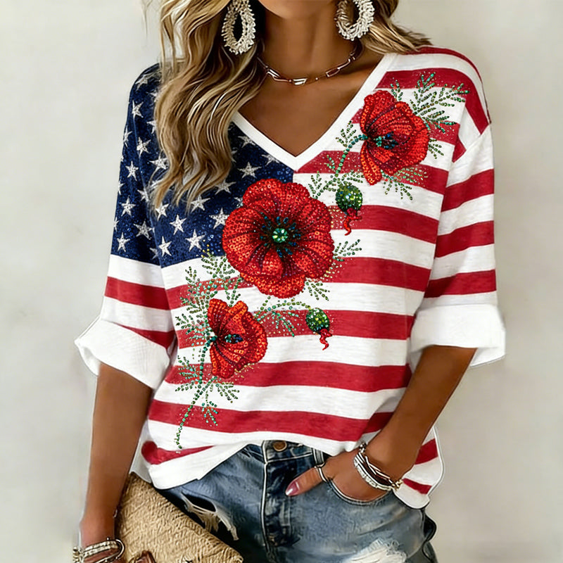 Women's Memorial Day Poppy Art Printed Casual Top