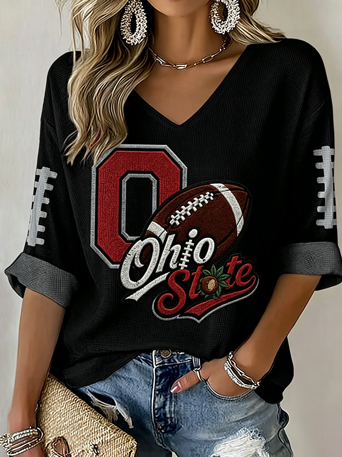 Women'S Rugby Patterned Waffle V-Neck Top