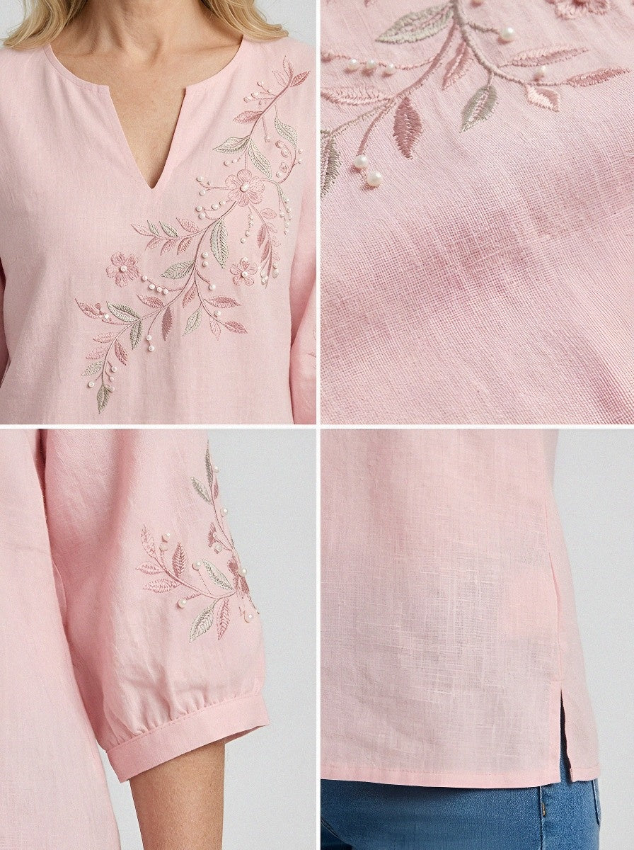 Women's Breast Cancer Awareness Floral Pearl Embroidered Printed Top