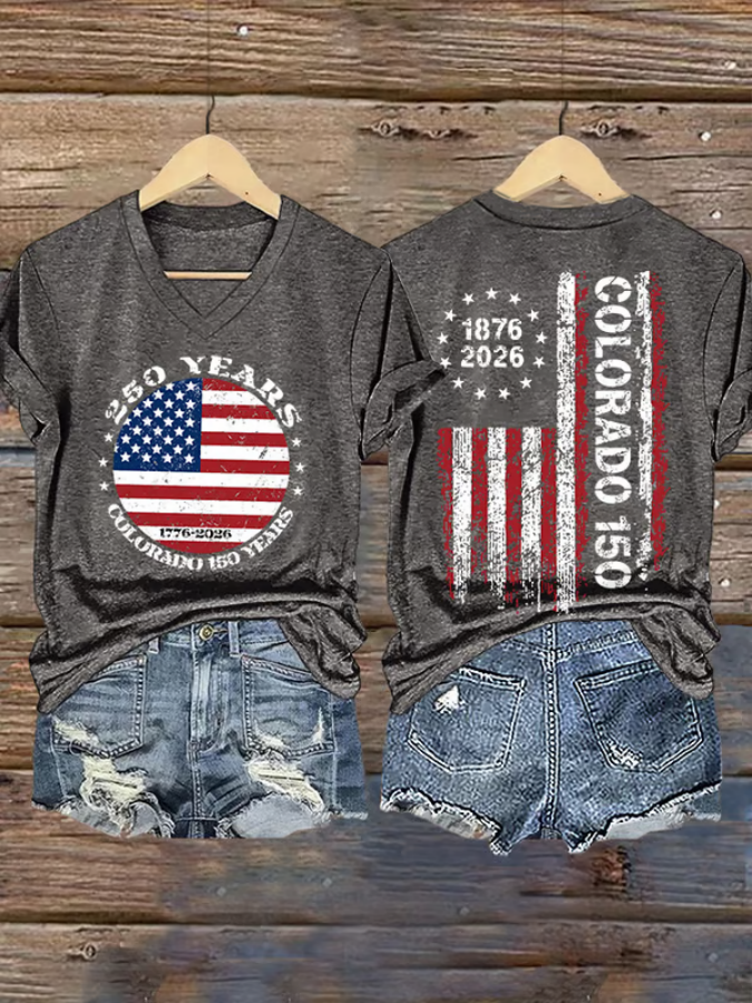 V-Neck Retro Colorado 150 Years USA 250 Print T-Shirt