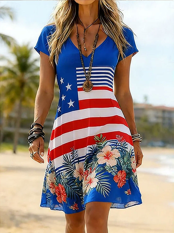 Ladies' Casual American Five-Star Flag Floral V-Neck Short Sleeved Dress