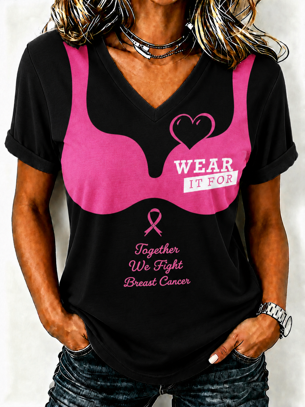 Women'S Breast Cancer Promotional Print Short Sleeved T-Shirt