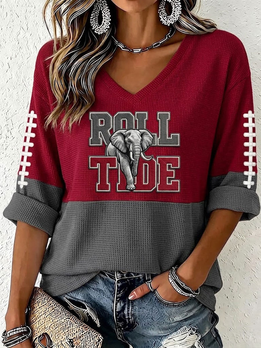 Women'S Rugby Patterned Waffle V-Neck Top