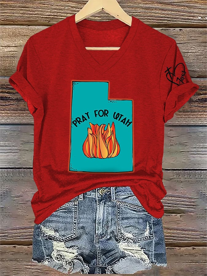 V-Neck Retro Pray For The Utah Wildfires Print T-Shirt