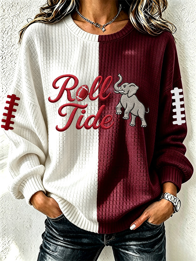 Women'S Football Fan Waffle Long Sleeved Round Neck Sweatshirt