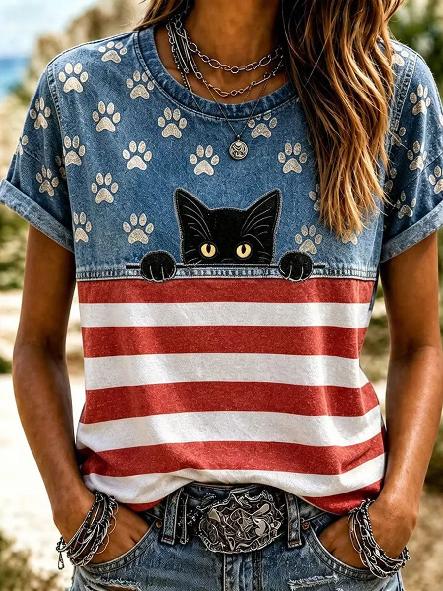 Women's American Flag Cat Print Casual T-Shirt
