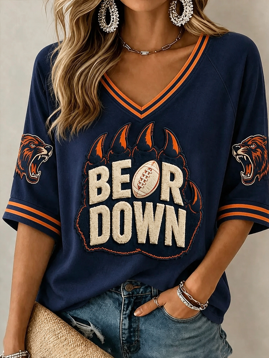 Women's American football V-Neck Three-quarter sleeve T-shirt