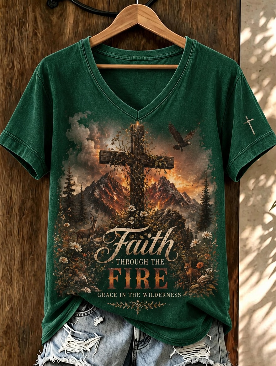 Wilderness Eagle Cross Faith Through The Fire V Neck Short Sleeve Vintage T-Shirt