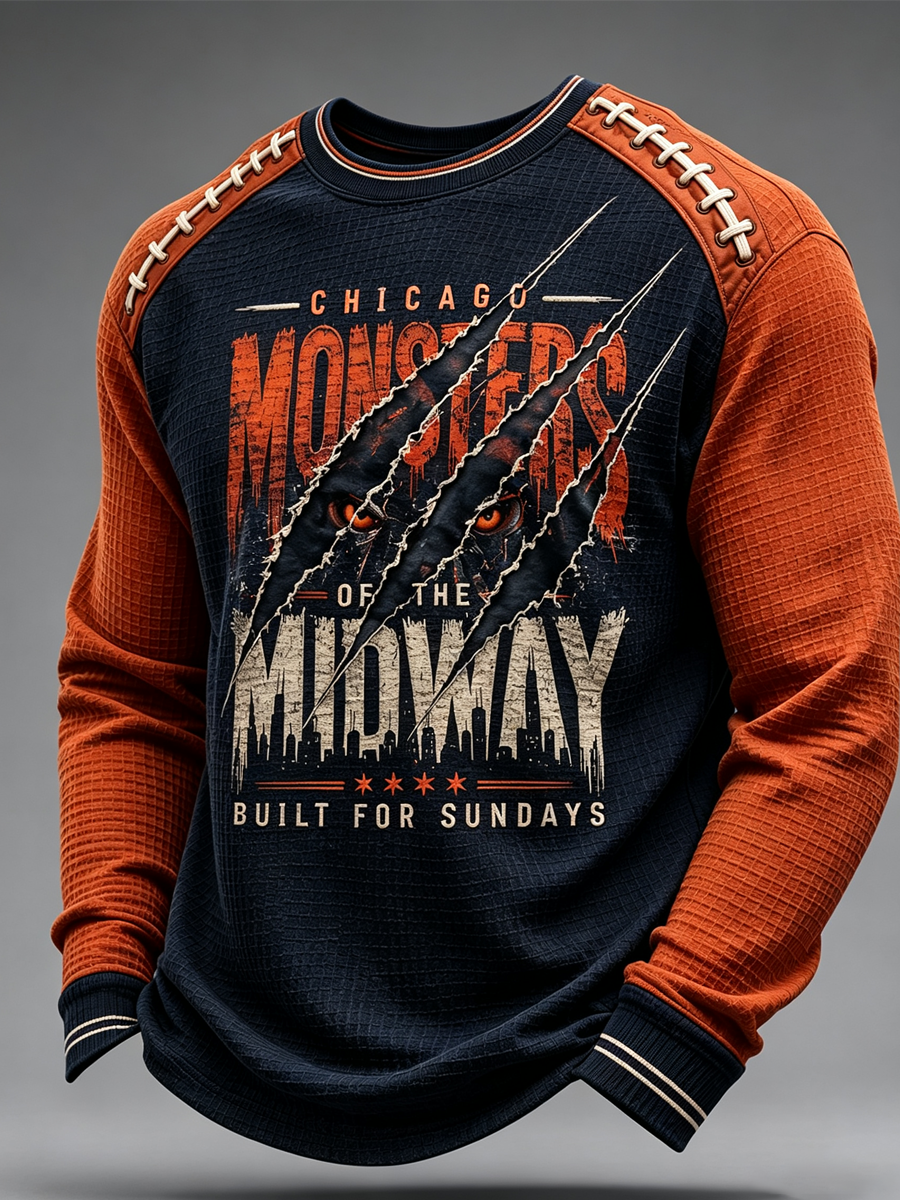 Men's Chicago Football Lover Bear Art Printed Waffle Sweatshirt