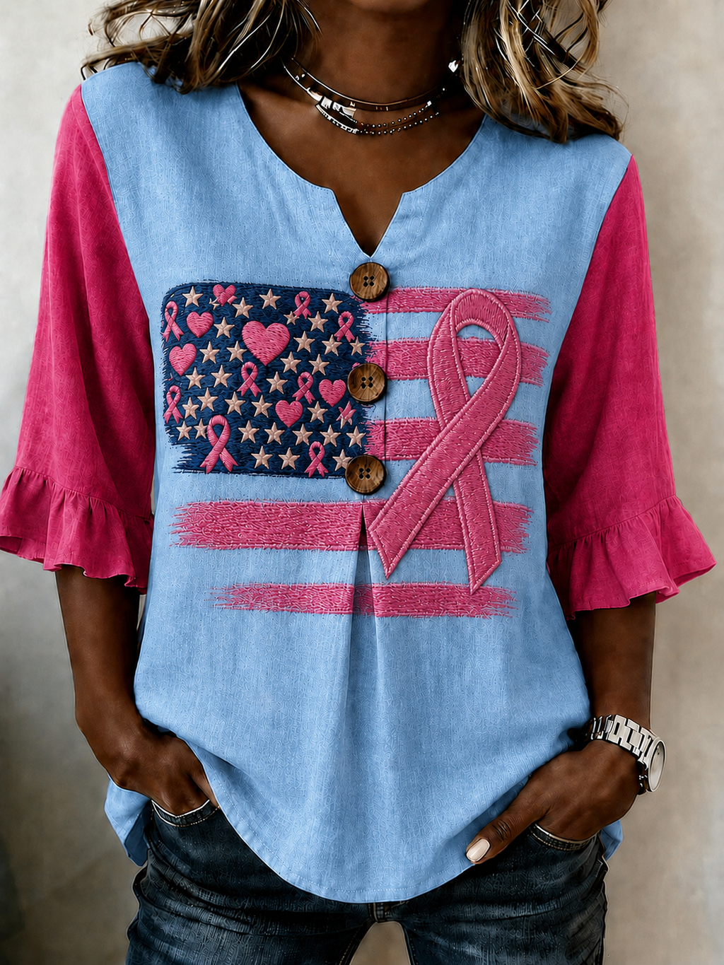 Women'S Casual National Flag Breast Cancer Awareness Propaganda Art Print Top