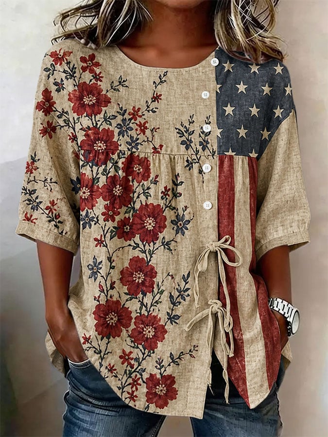 Women's Cotton Linen Floral Floral 250th Anniversary Digital Print Top