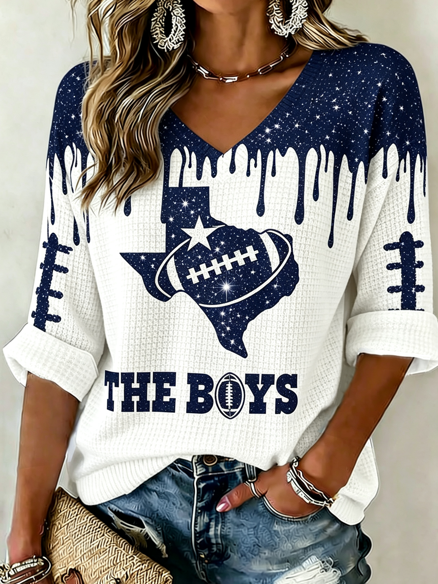 Women'S Rugby Patterned Waffle V-Neck Top
