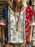 Women's Flag and Floral Print Cotton-Linen T-Shirt