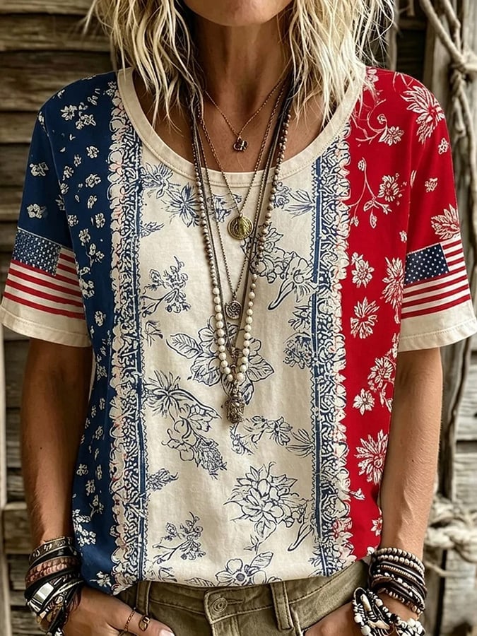 Women's Flag and Floral Print Cotton-Linen T-Shirt