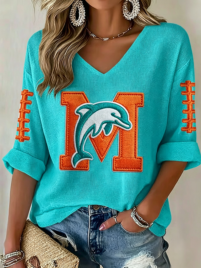 Women'S Rugby Patterned Waffle V-Neck Top